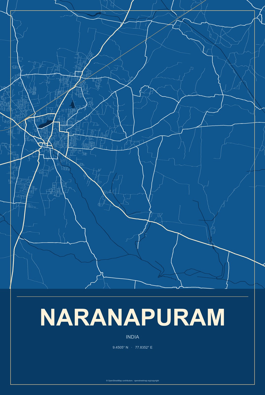 Naranapuram, India City Map Aluminum Sign in Harbor Cobalt style