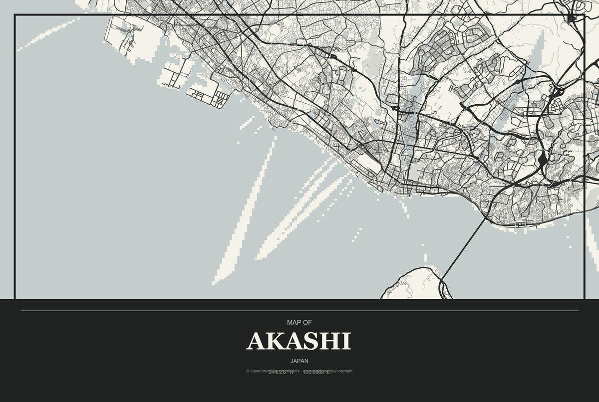 Akashi, Japan City Map Aluminum Sign in Museum Plaque style