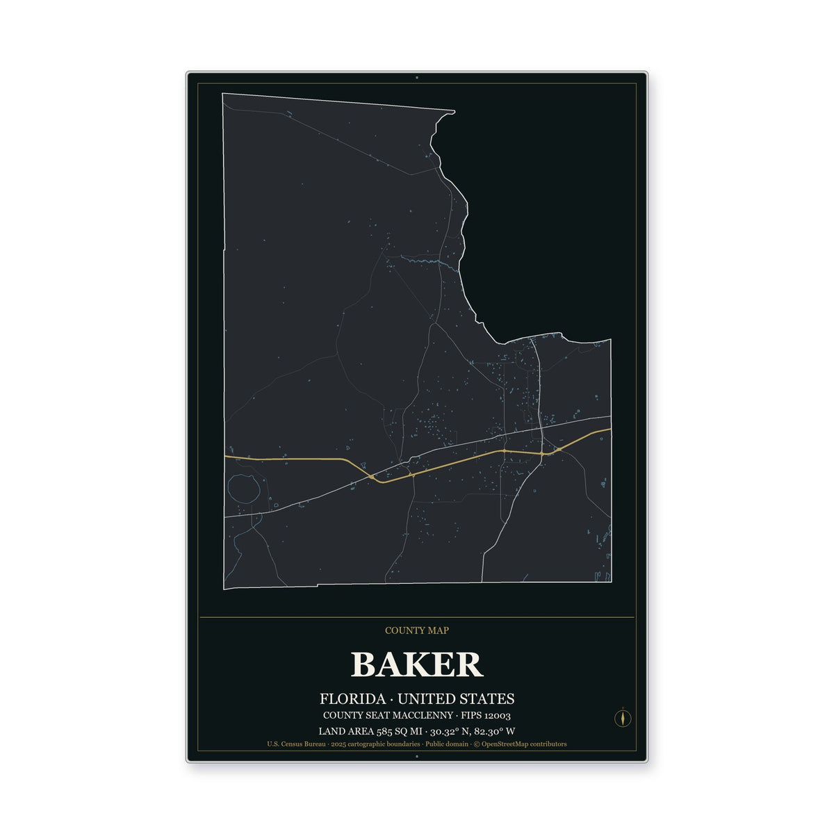 Baker County, Florida Map Aluminum Sign in Metropolitan Noir style