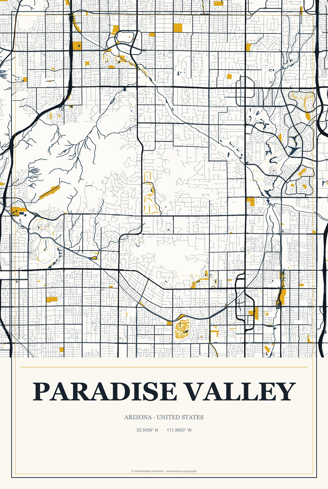 Paradise Valley, Arizona City Map Aluminum Sign in Citrine Modern style