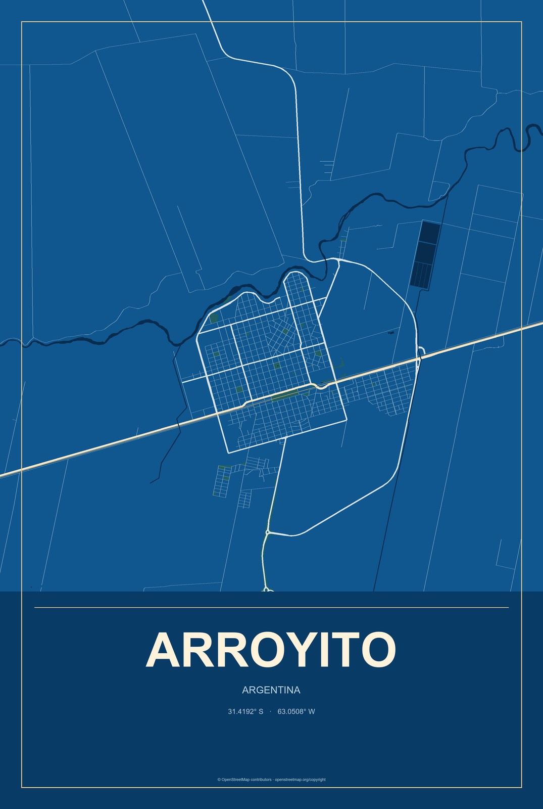 Arroyito, Argentina City Map Aluminum Sign in Harbor Cobalt style