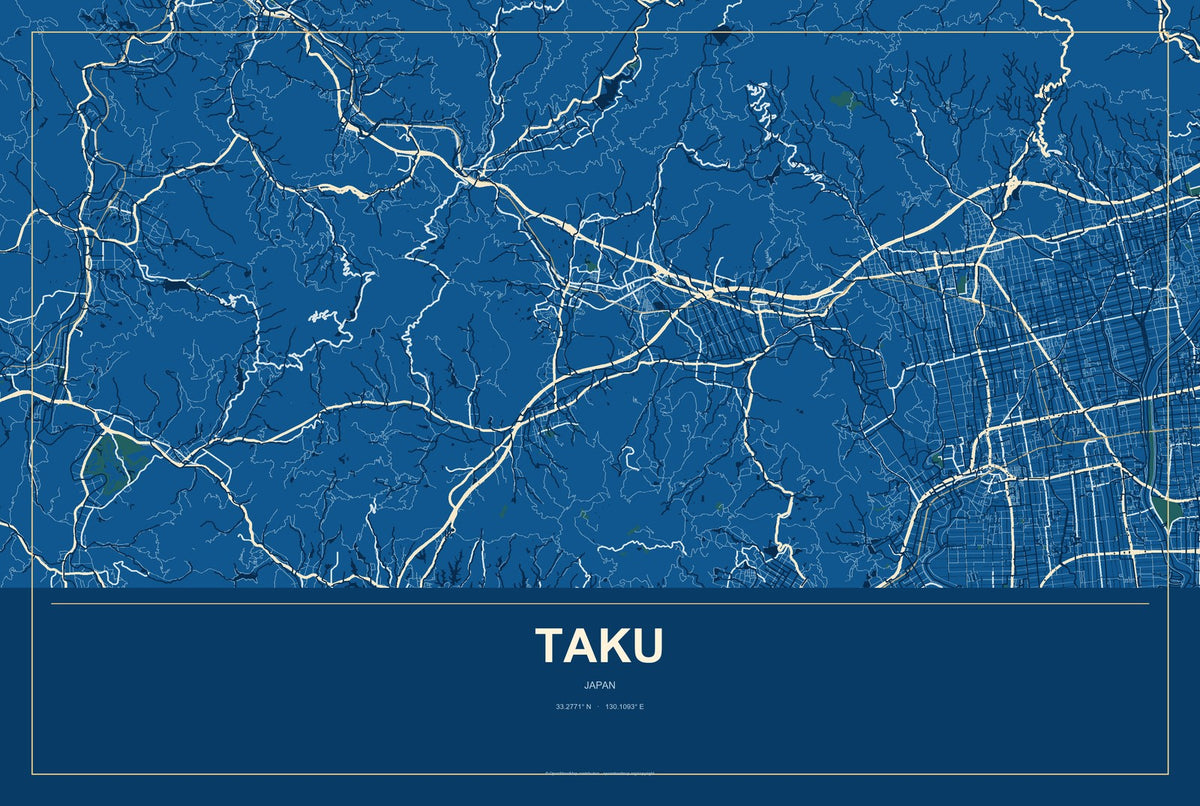 Taku, Japan City Map Aluminum Sign in Harbor Cobalt style