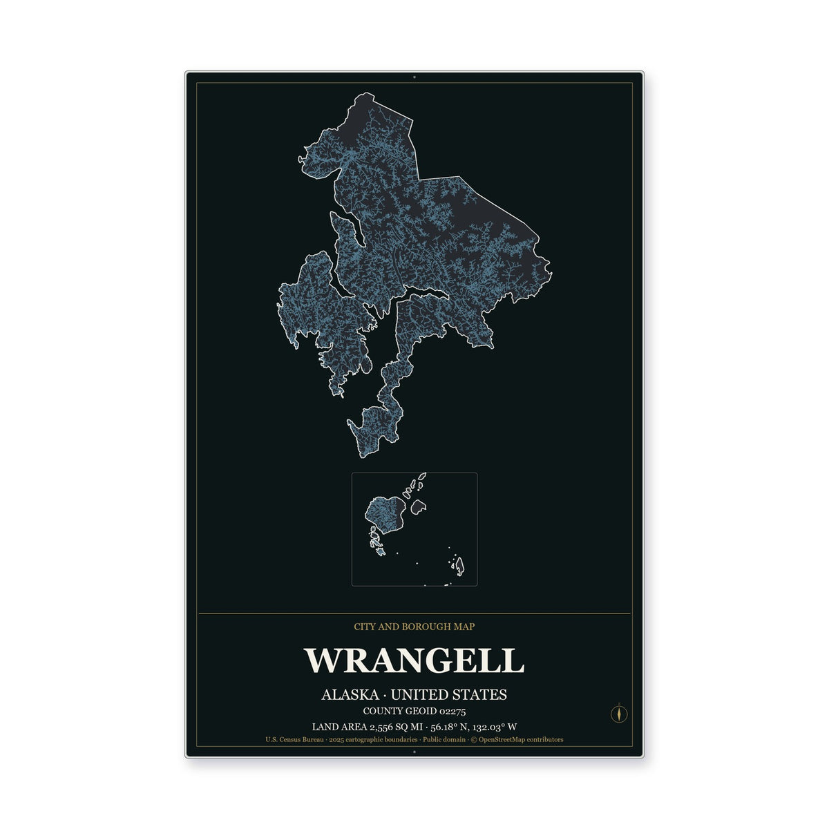 Wrangell City and Borough, Alaska Map Aluminum Sign in Metropolitan Noir style