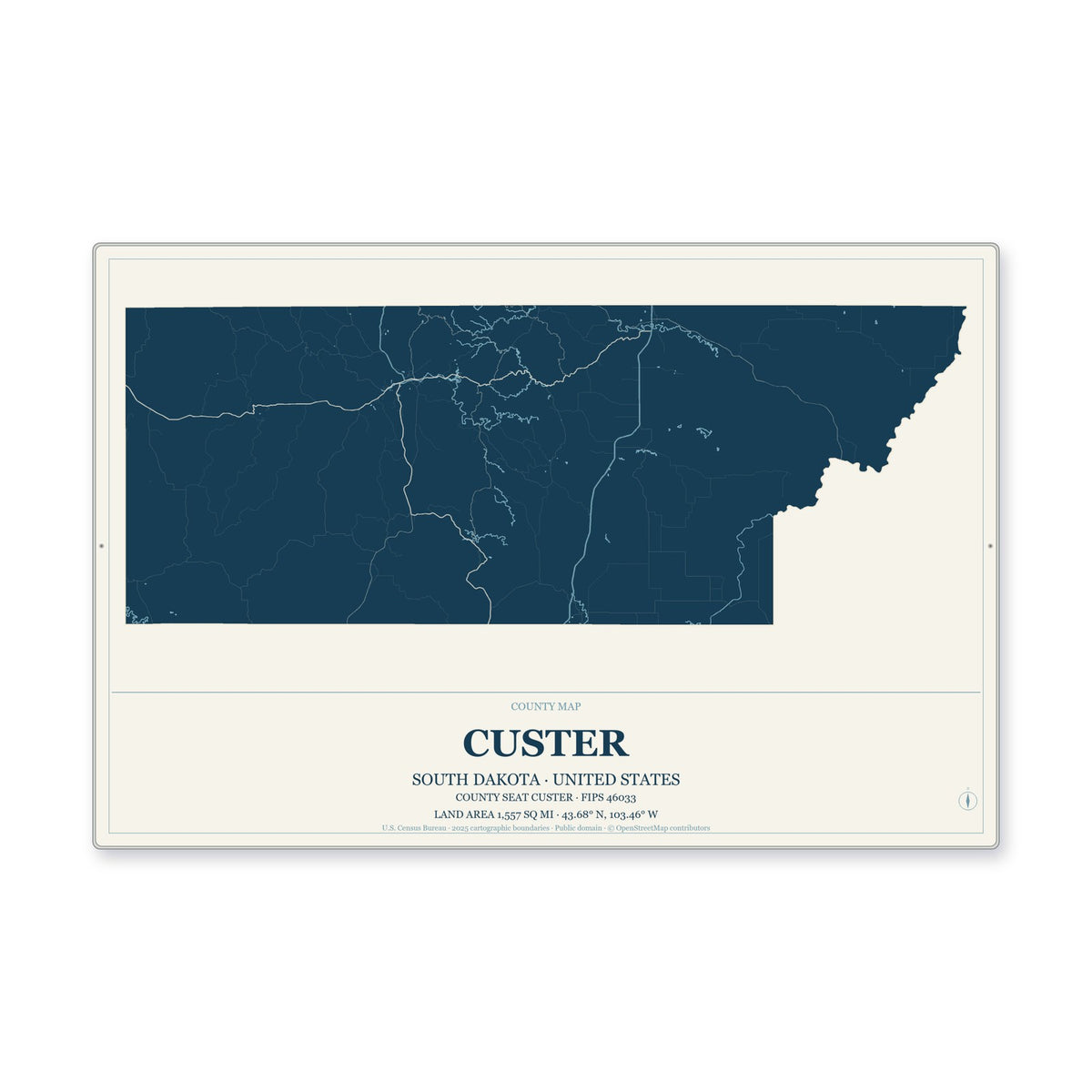 Custer County, South Dakota Map Aluminum Sign in Coastal Cutout style