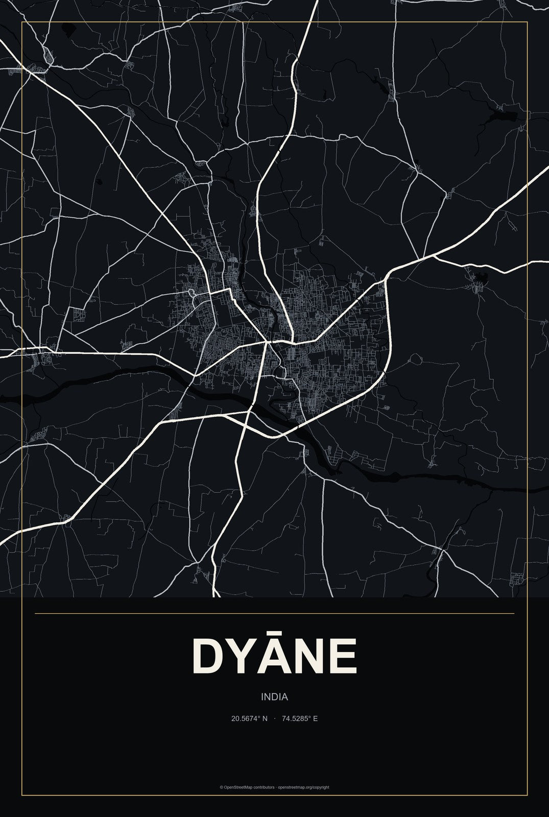 Dyāne, India City Map Aluminum Sign in Metropolitan Noir style