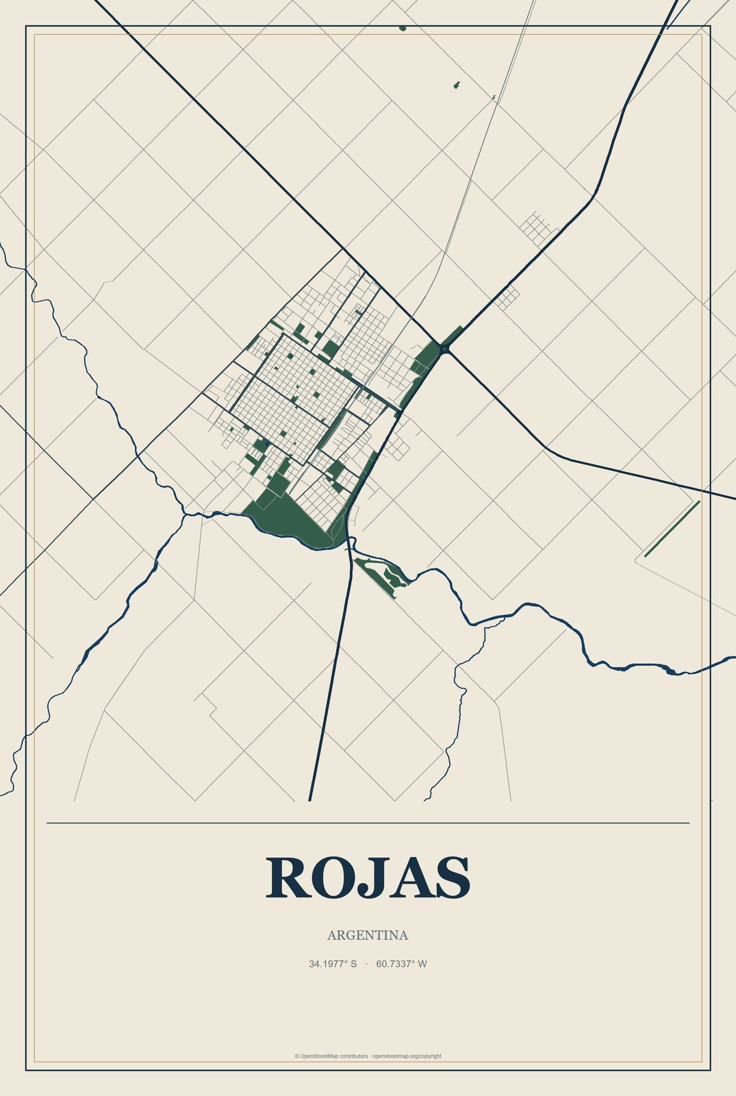 Rojas, Argentina City Map Aluminum Sign in Coastal Cutout style
