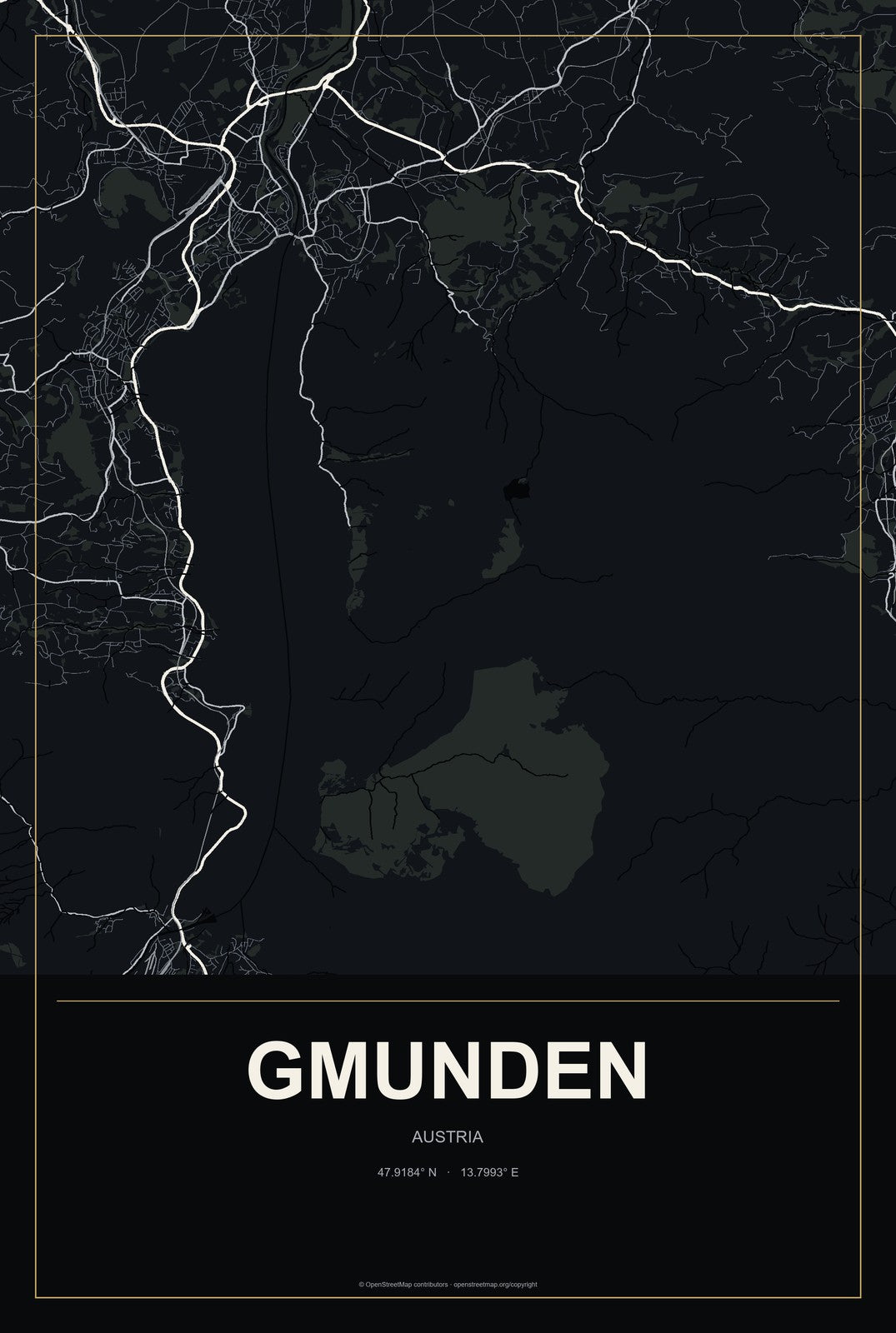 Gmunden, Austria City Map Aluminum Sign in Metropolitan Noir style