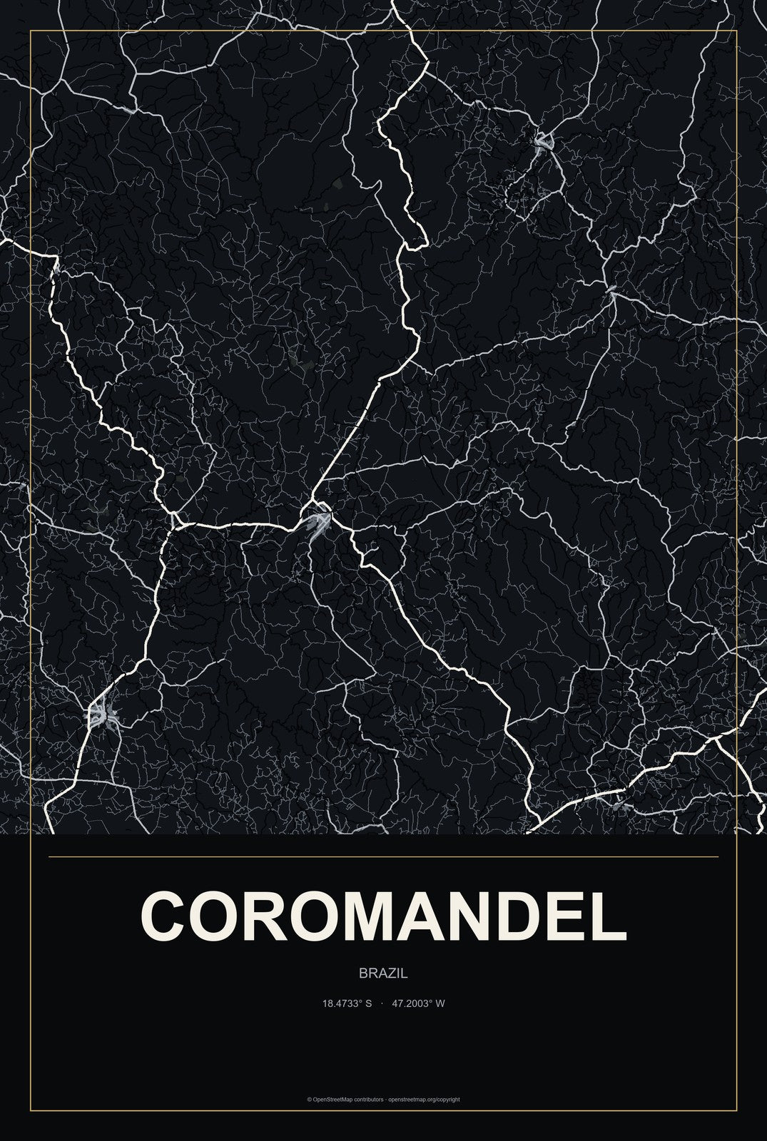 Coromandel, Brazil City Map Aluminum Sign in Metropolitan Noir style