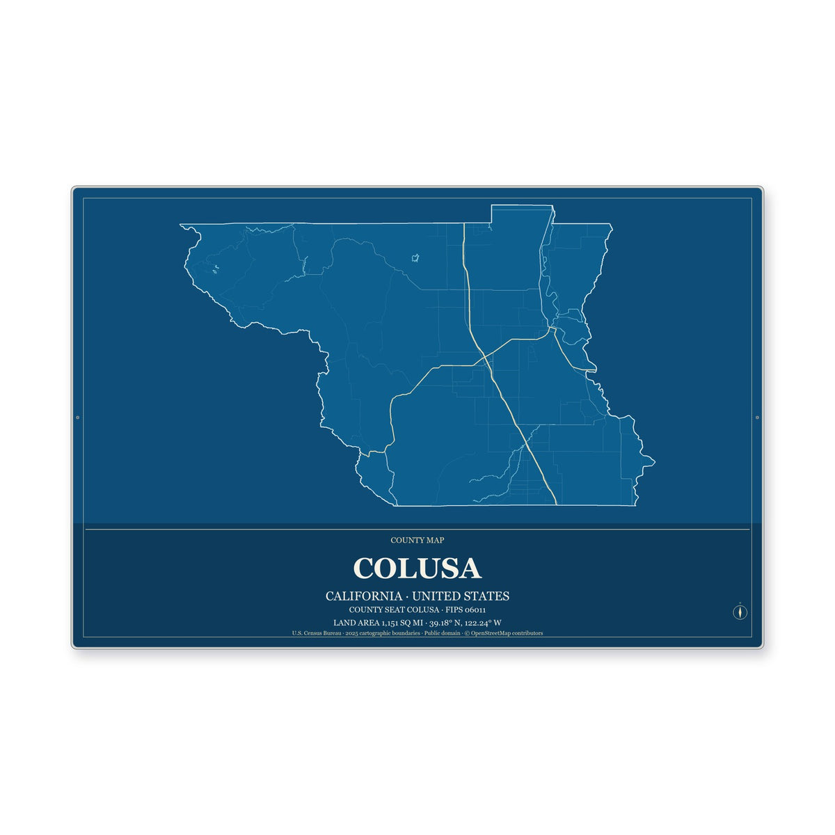 Colusa County, California Map Aluminum Sign in Harbor Cobalt style