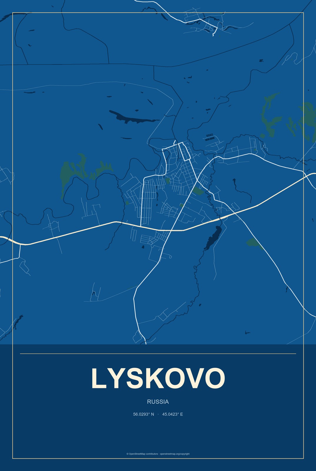 Lyskovo, Russia City Map Aluminum Sign in Harbor Cobalt style