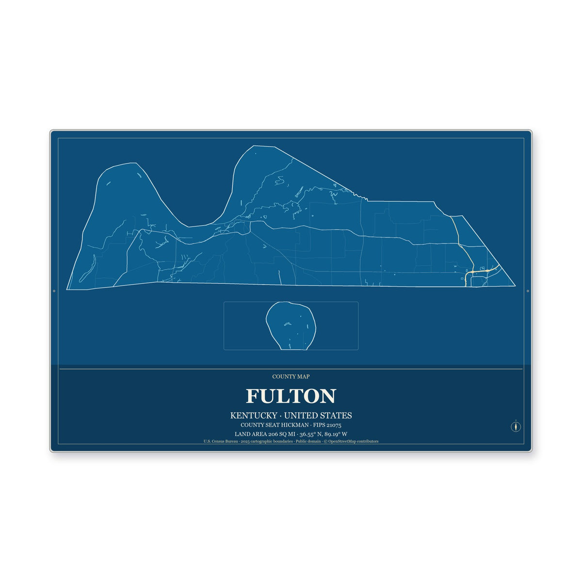 Fulton County, Kentucky Map Aluminum Sign in Harbor Cobalt style