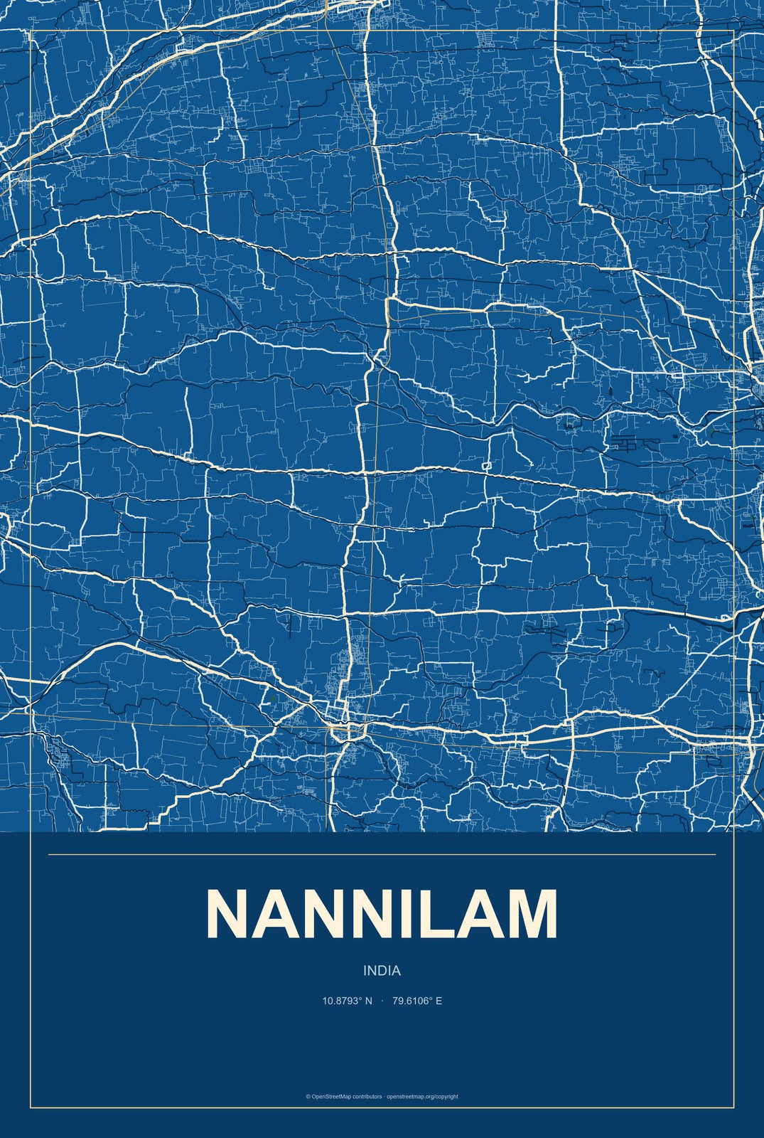 Nannilam, India City Map Aluminum Sign in Harbor Cobalt style