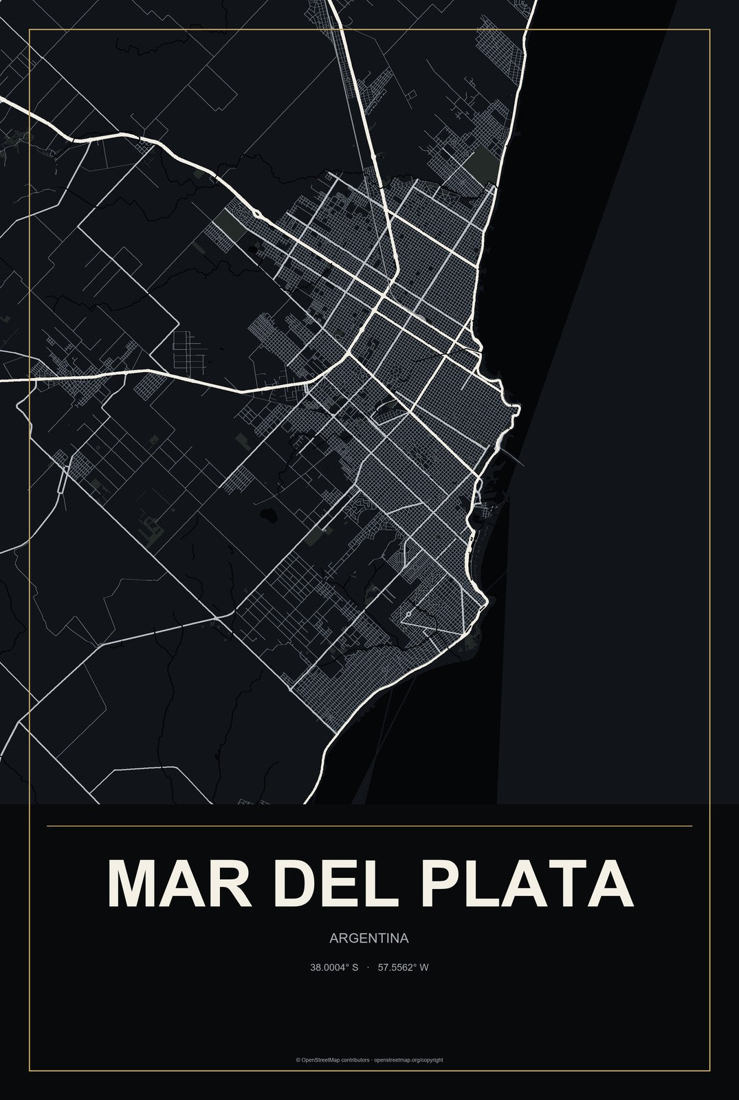 Mar del Plata, Argentina City Map Aluminum Sign in Metropolitan Noir style