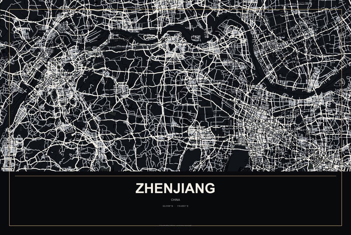 Zhenjiang, China City Map Aluminum Sign in Metropolitan Noir style