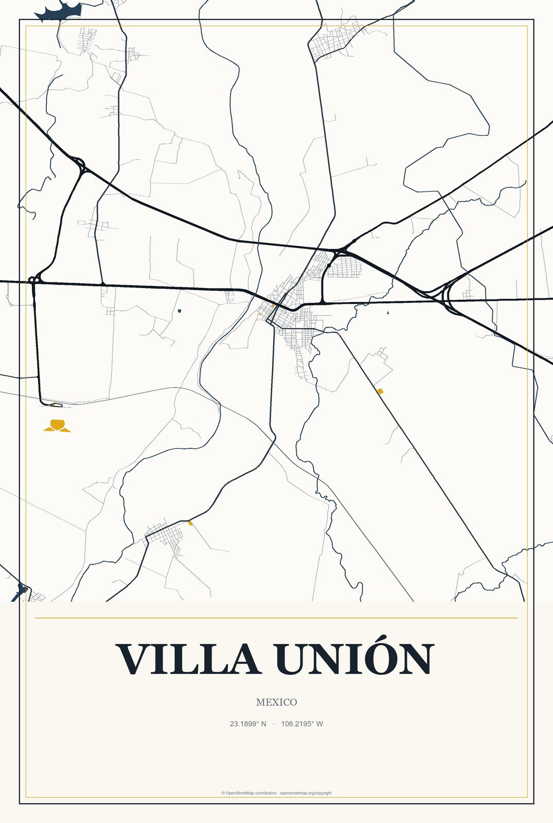 Villa Unión, Durango, Mexico City Map Aluminum Sign in Citrine Modern style