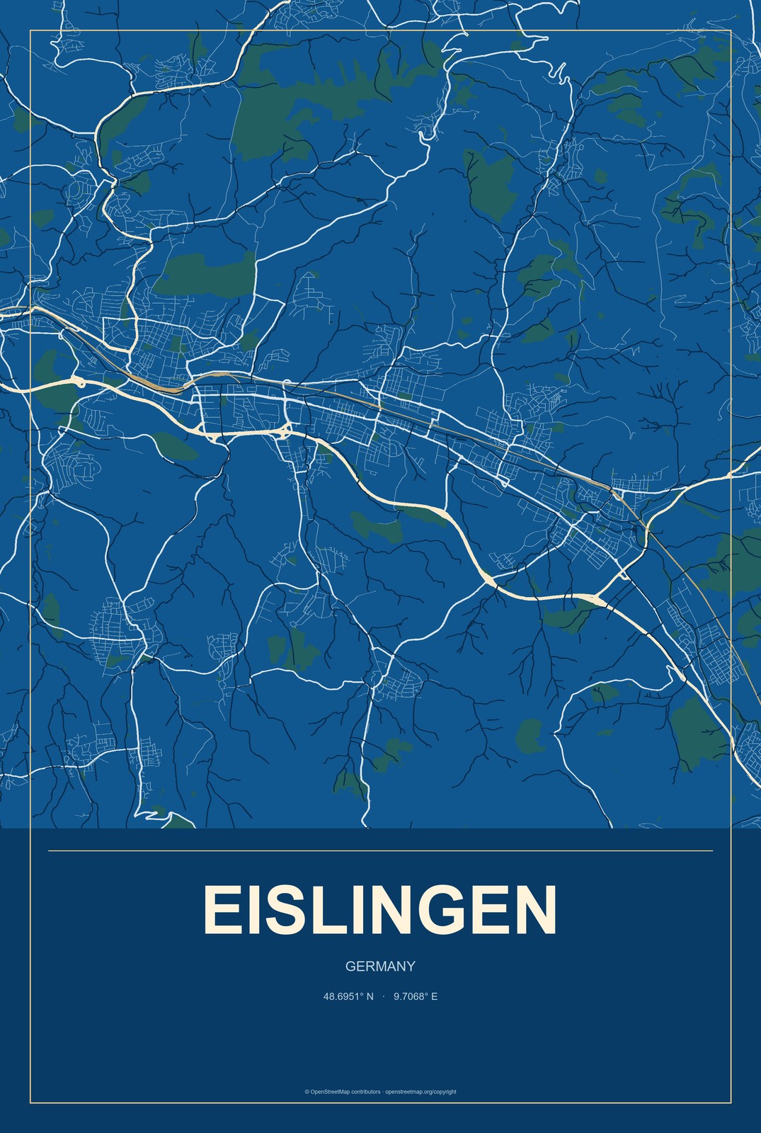 Eislingen, Germany City Map Aluminum Sign in Harbor Cobalt style