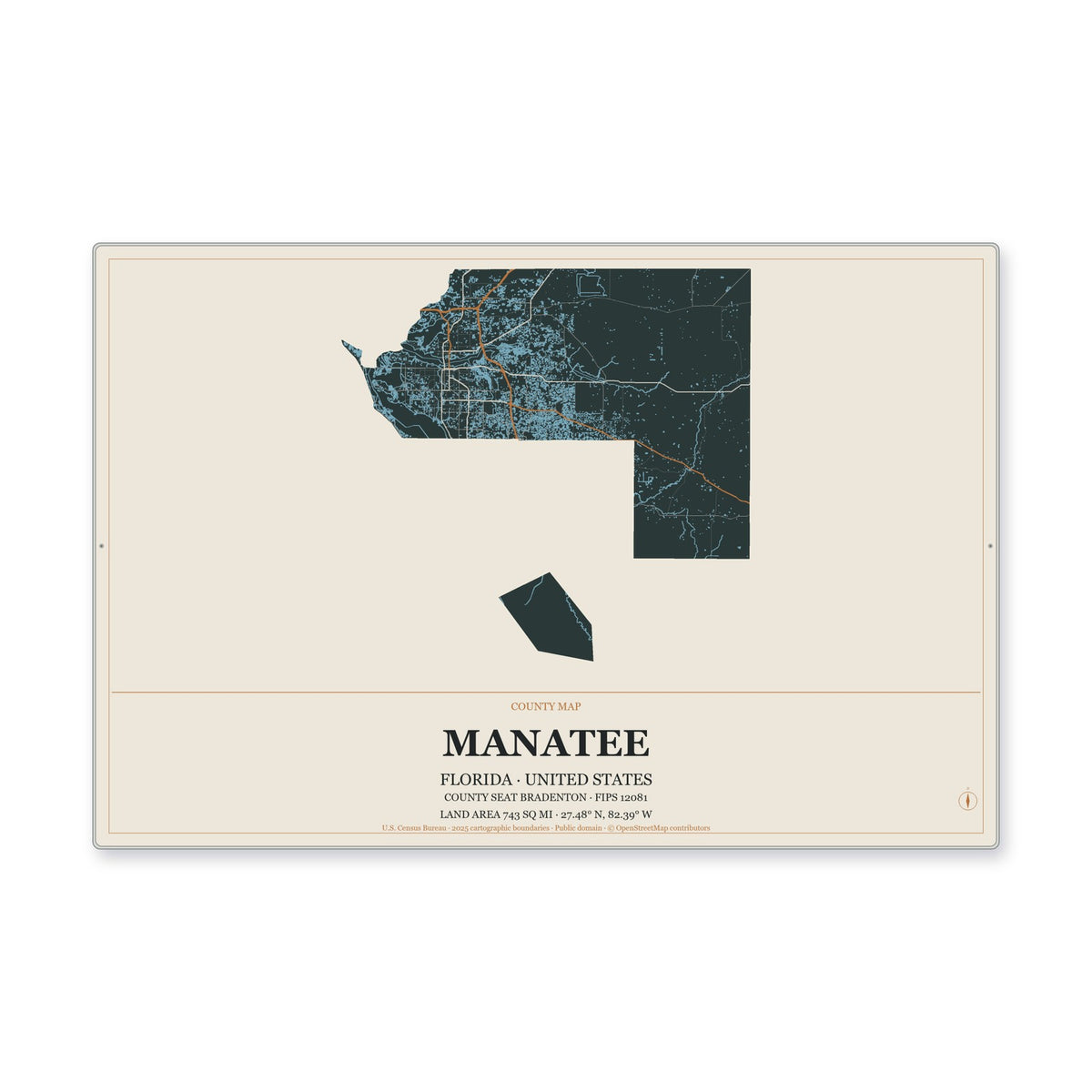 Manatee County, Florida Map Aluminum Sign in Headline Atlas style
