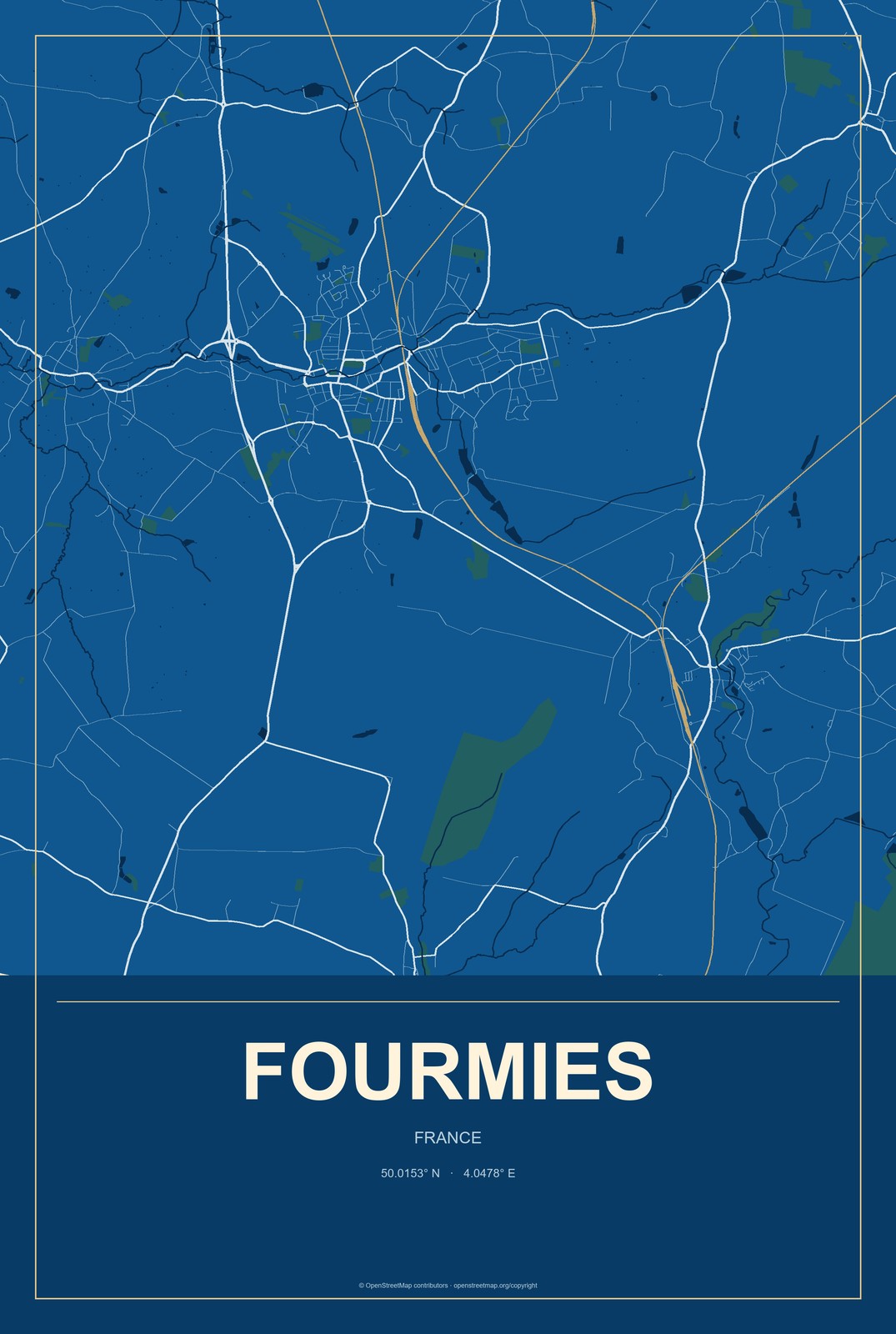 Fourmies, France City Map Aluminum Sign in Harbor Cobalt style