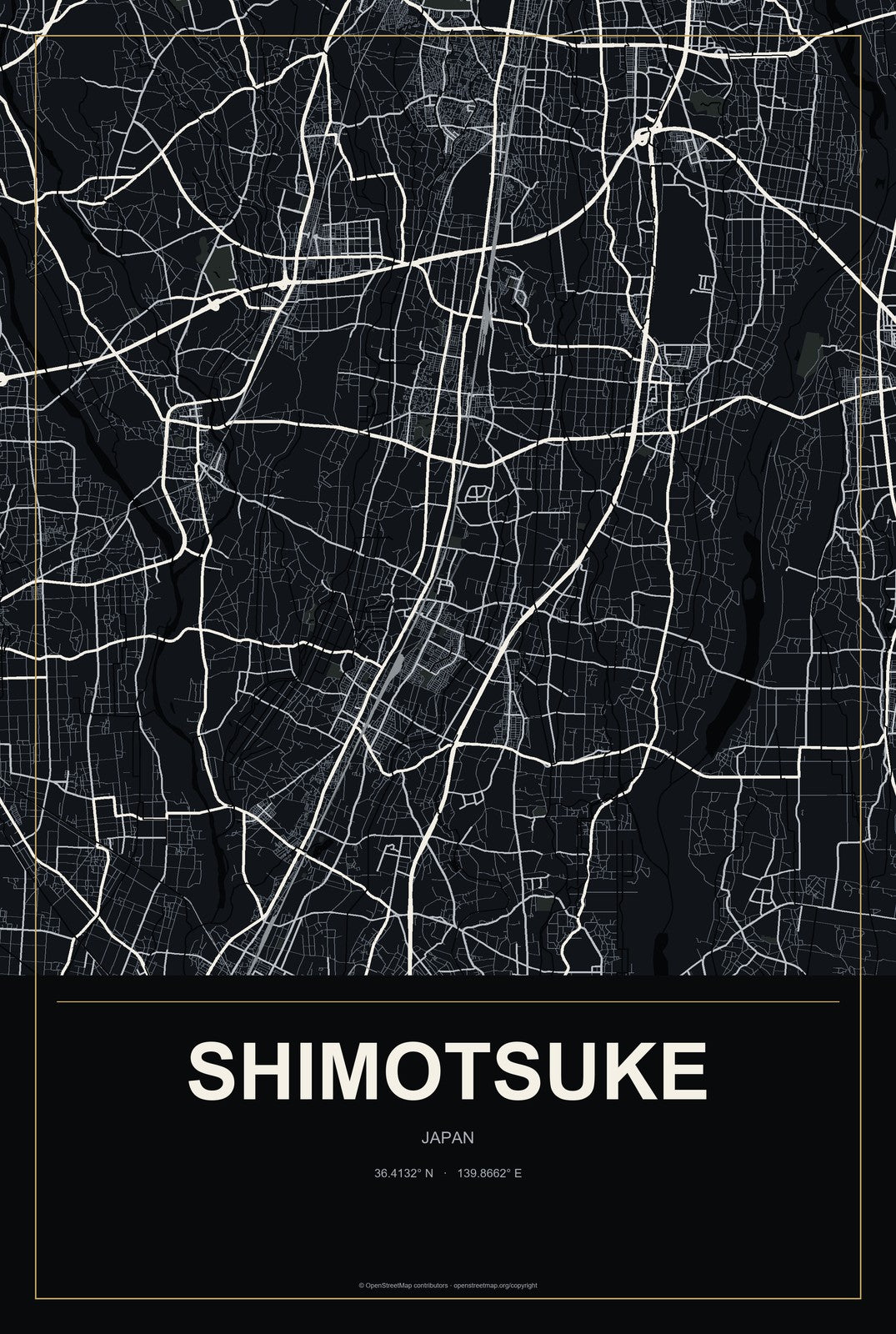 Shimotsuke, Japan City Map Aluminum Sign in Metropolitan Noir style