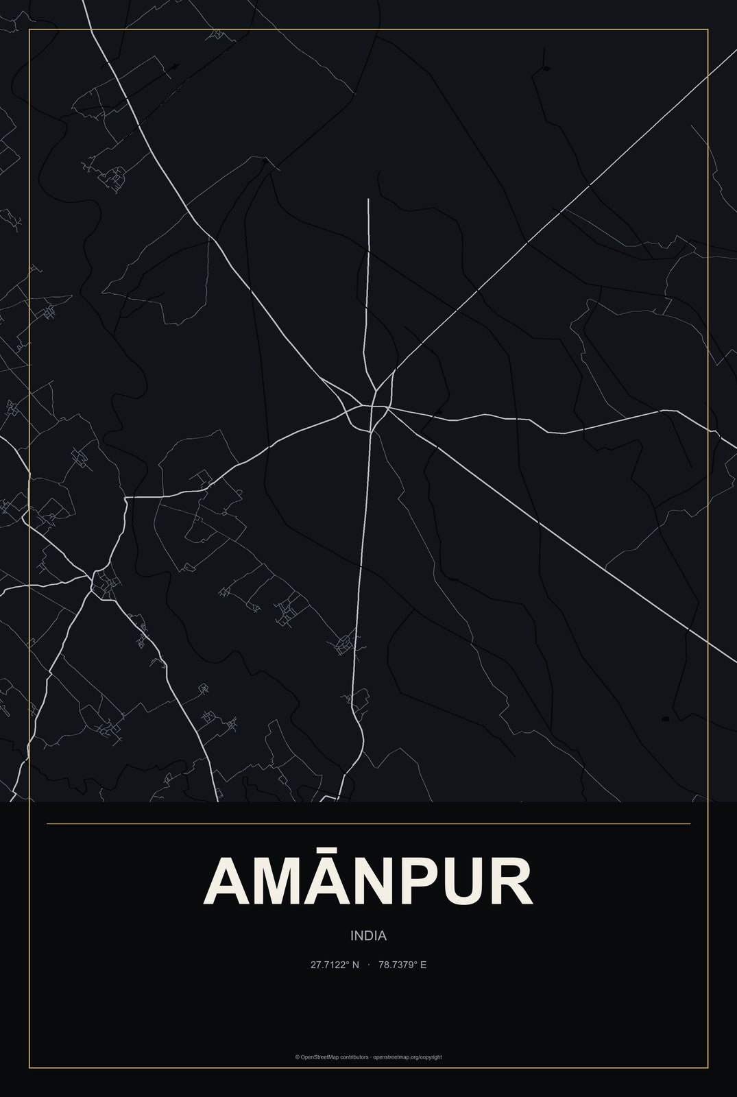 Amānpur, India City Map Aluminum Sign in Metropolitan Noir style