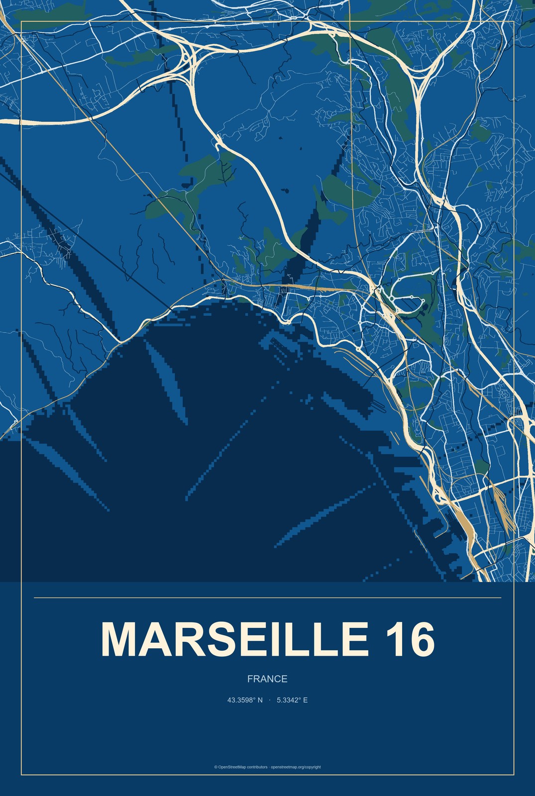 Marseille 16, France City Map Aluminum Sign in Harbor Cobalt style