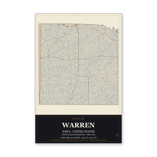 Warren County, Iowa Map Aluminum Sign in Museum Plaque style