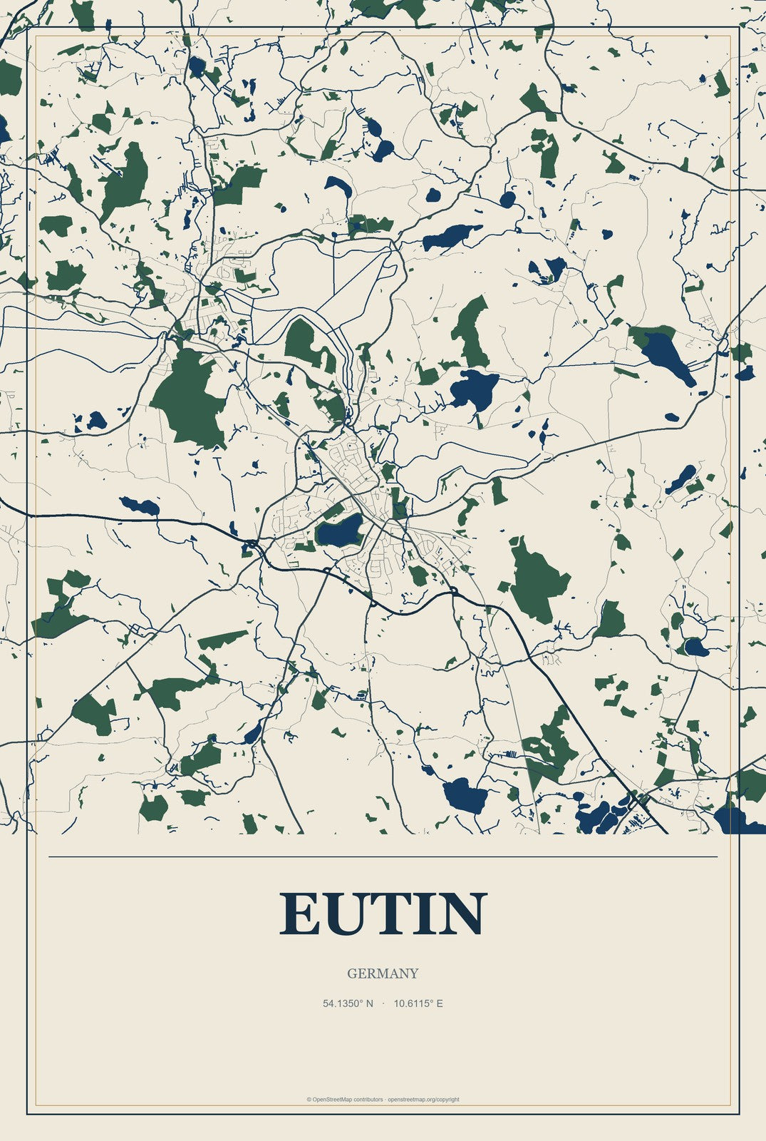 Eutin, Germany City Map Aluminum Sign in Coastal Cutout style