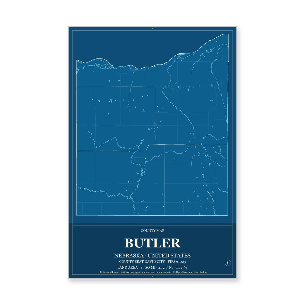 Butler County, Nebraska Map Aluminum Sign in Harbor Cobalt style