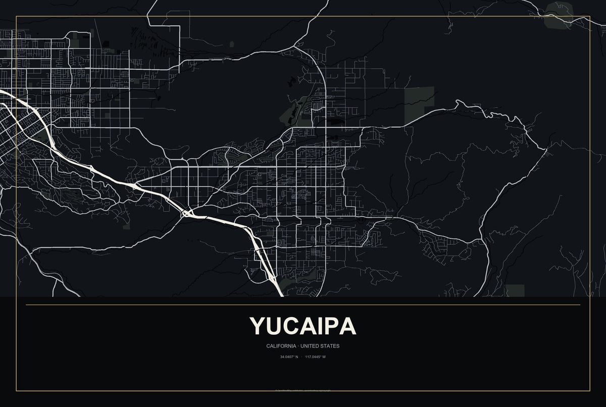 Yucaipa, California City Map Aluminum Sign in Metropolitan Noir style