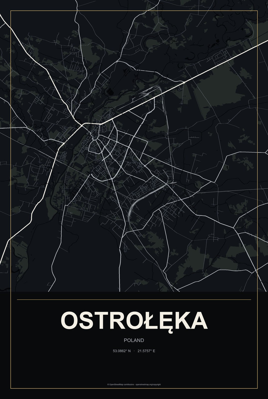 Ostrołęka, Poland City Map Aluminum Sign in Metropolitan Noir style