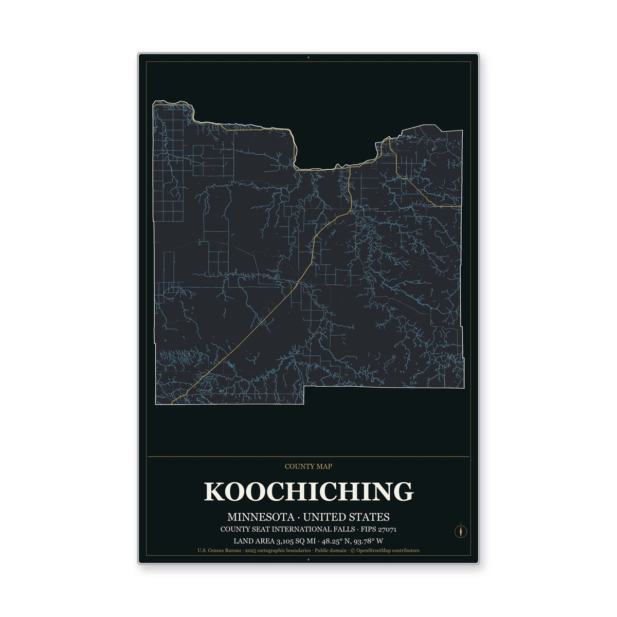 Koochiching County, Minnesota Map Aluminum Sign in Metropolitan Noir style