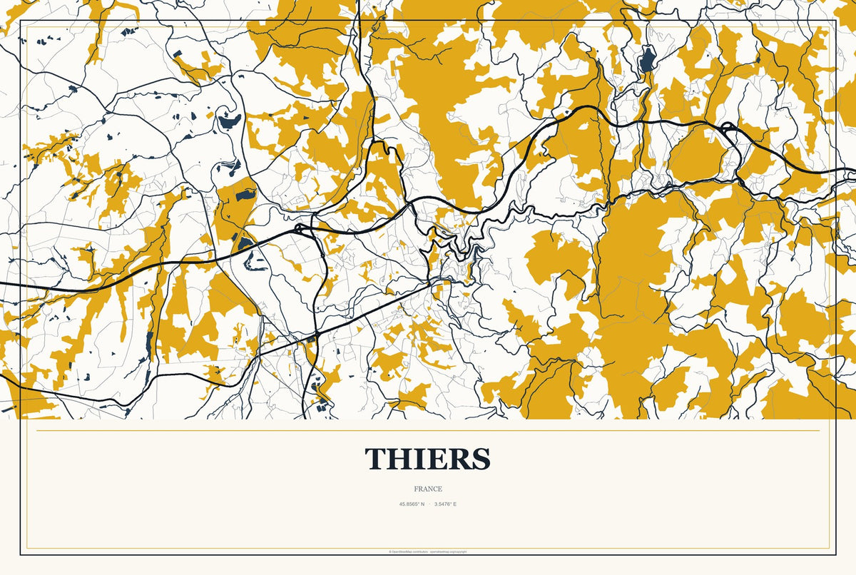 Thiers, France City Map Aluminum Sign in Citrine Modern style