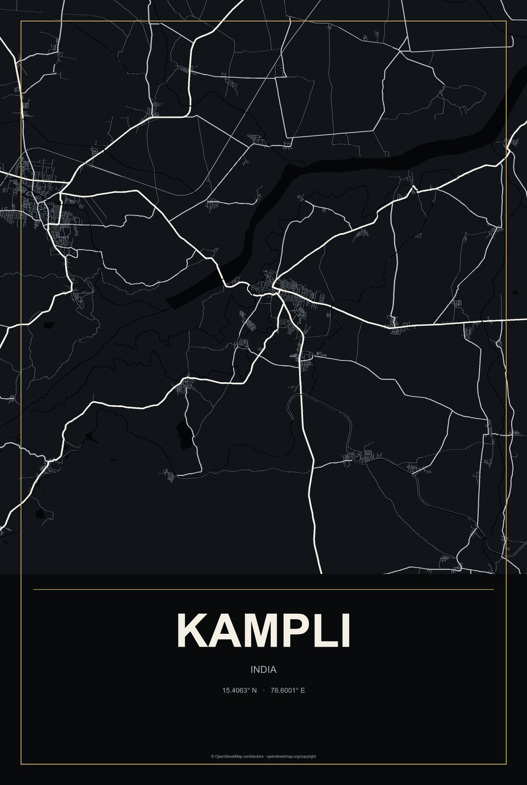 Kampli, India City Map Aluminum Sign in Metropolitan Noir style