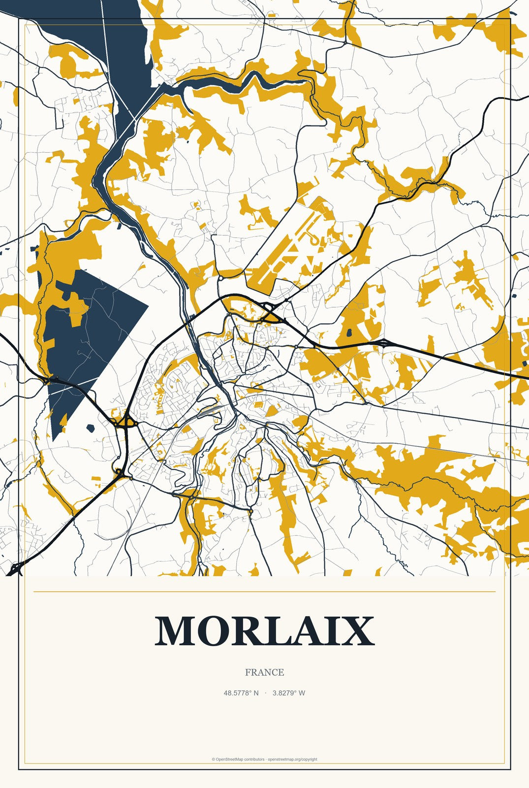 Morlaix, France City Map Aluminum Sign in Citrine Modern style