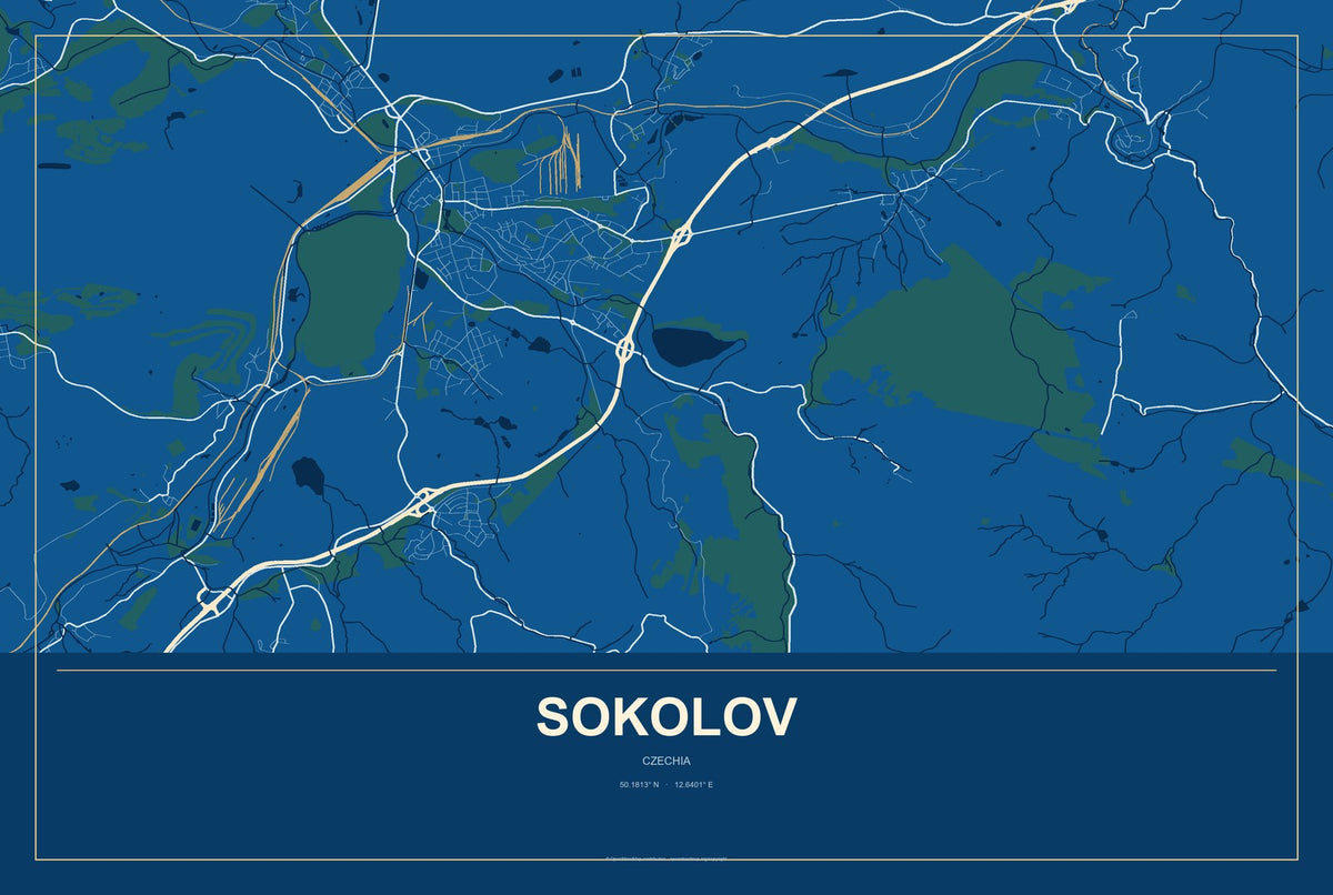 Sokolov, Czechia City Map Aluminum Sign in Harbor Cobalt style