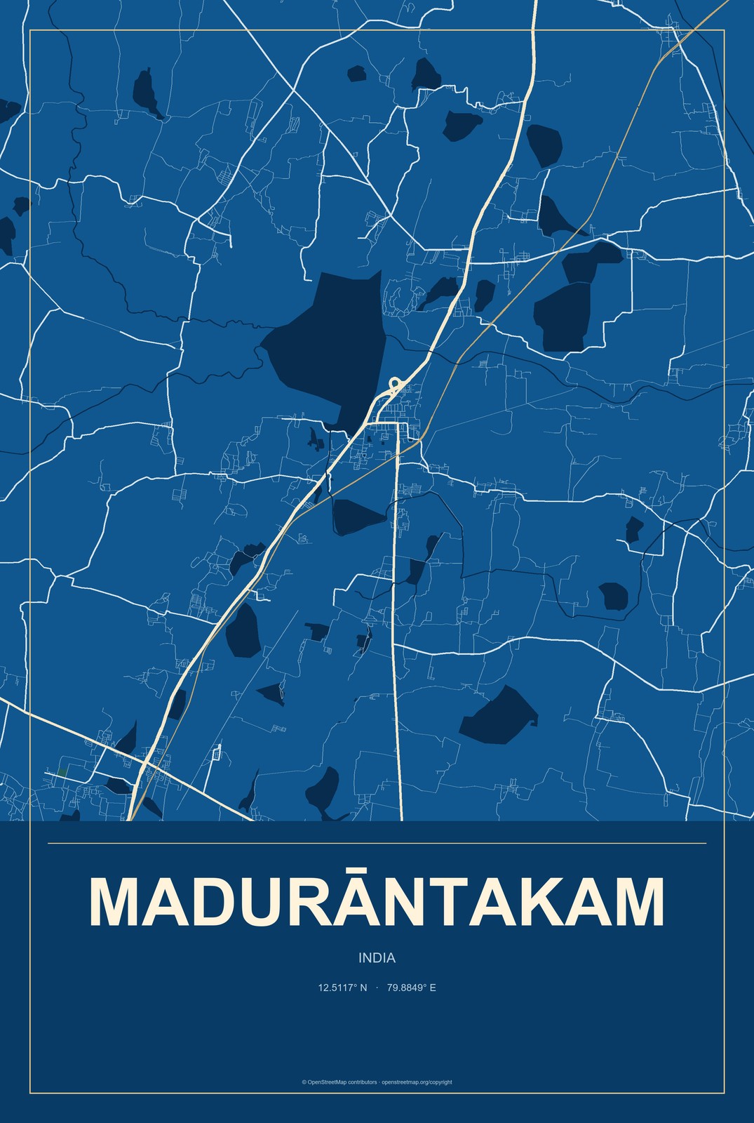 Madurāntakam, India City Map Aluminum Sign in Harbor Cobalt style