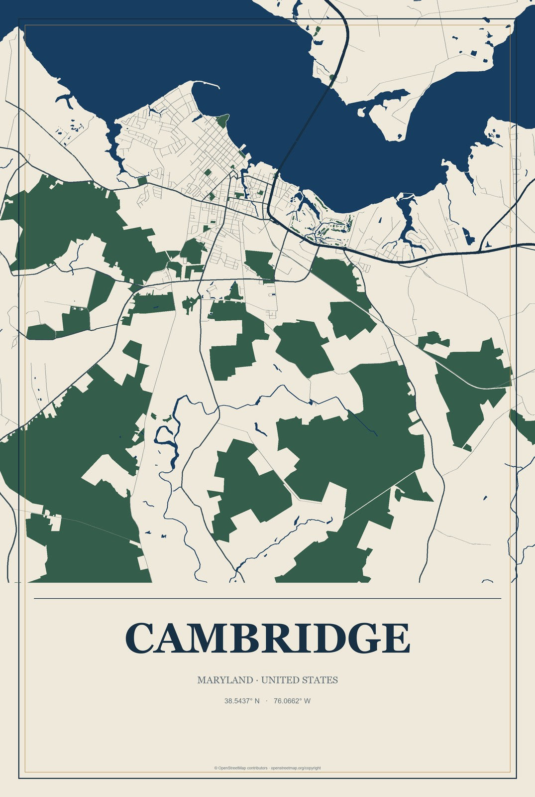 Cambridge, Maryland City Map Aluminum Sign in Coastal Cutout style