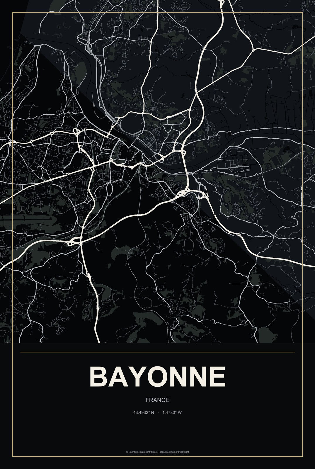 Bayonne, France City Map Aluminum Sign in Metropolitan Noir style