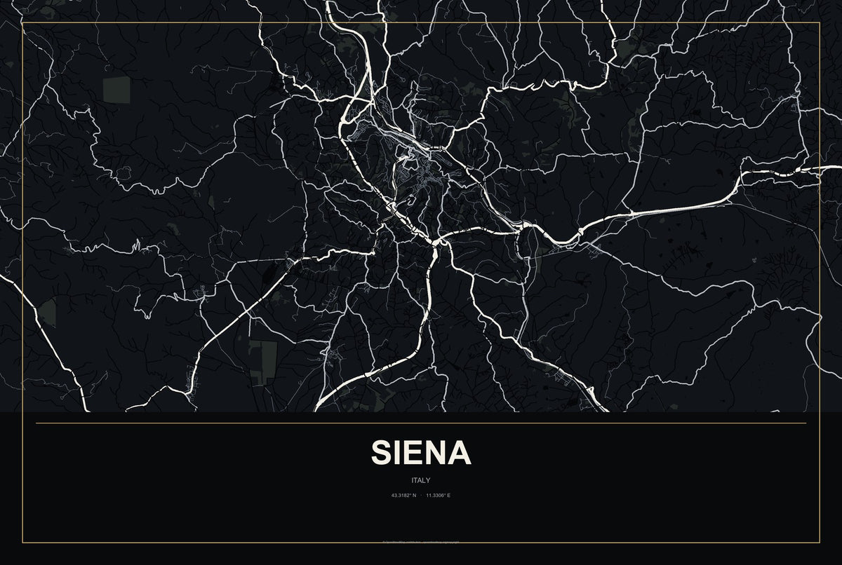 Siena, Italy City Map Aluminum Sign in Metropolitan Noir style