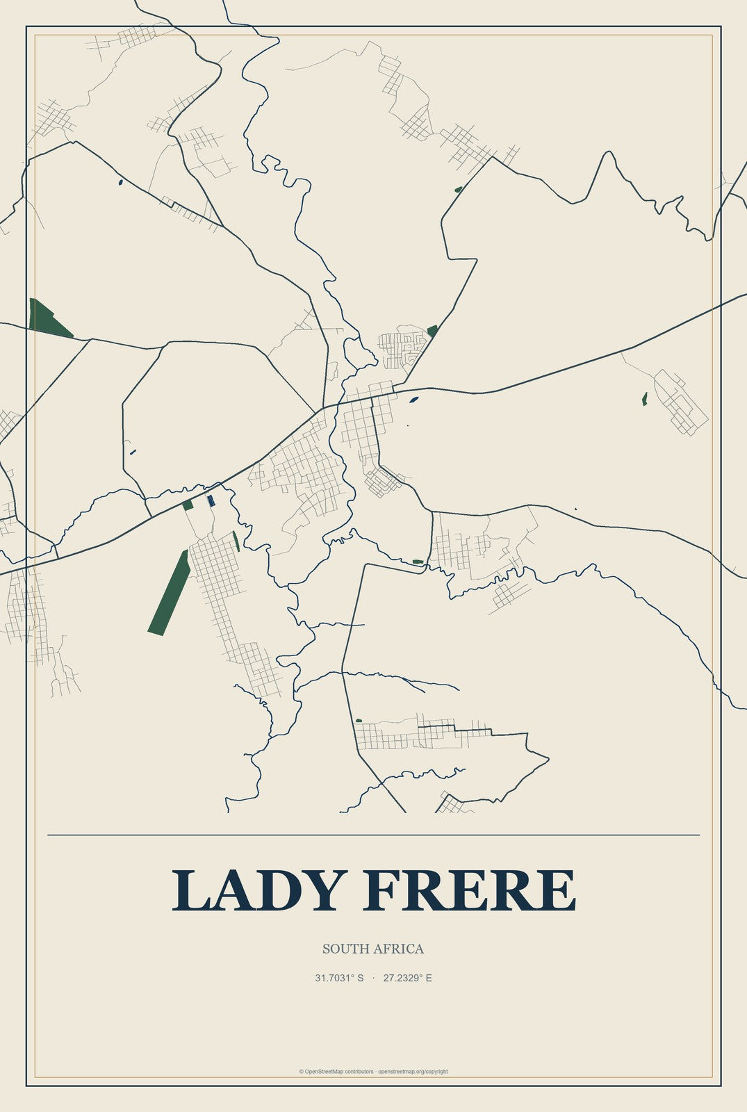 Lady Frere, South Africa City Map Aluminum Sign in Coastal Cutout style