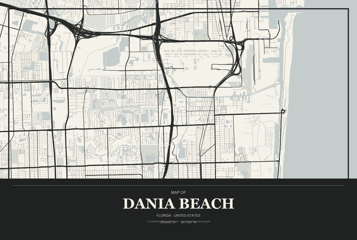 Dania Beach, Florida City Map Aluminum Sign in Museum Plaque style