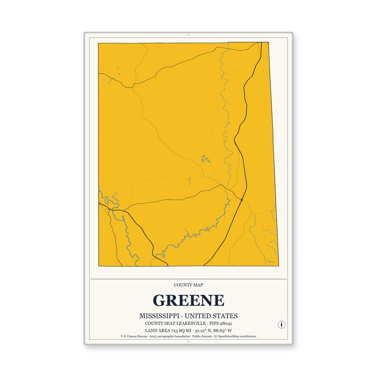 Greene County, Mississippi Map Aluminum Sign in Citrine Modern style