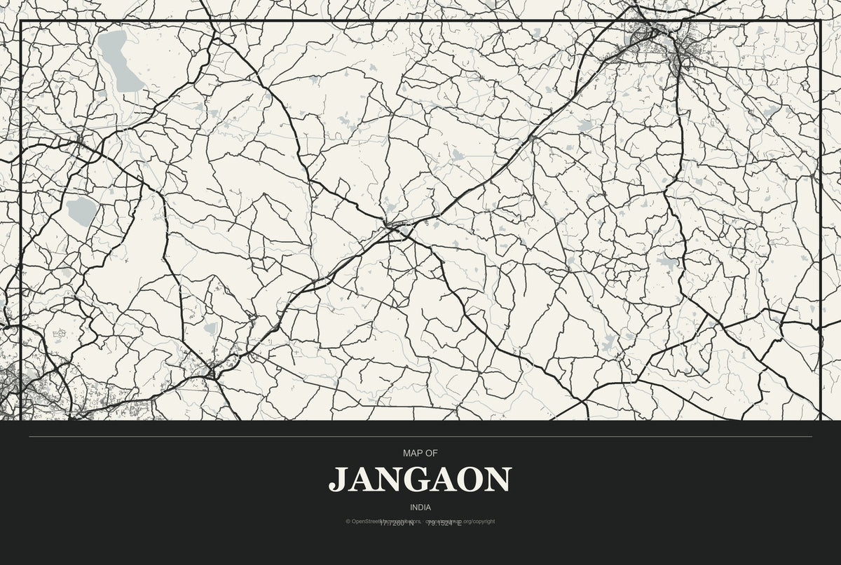 Jangaon, India City Map Aluminum Sign in Museum Plaque style
