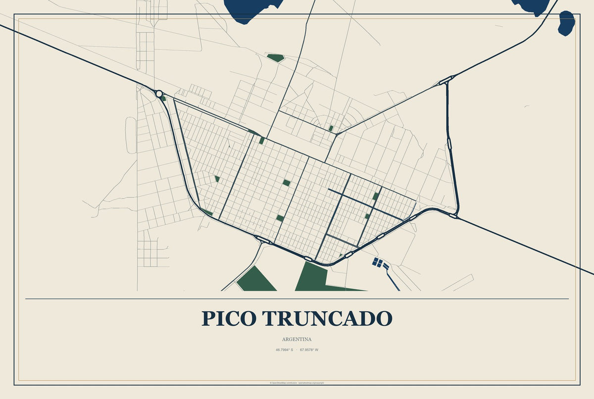 Pico Truncado, Argentina City Map Aluminum Sign in Coastal Cutout style