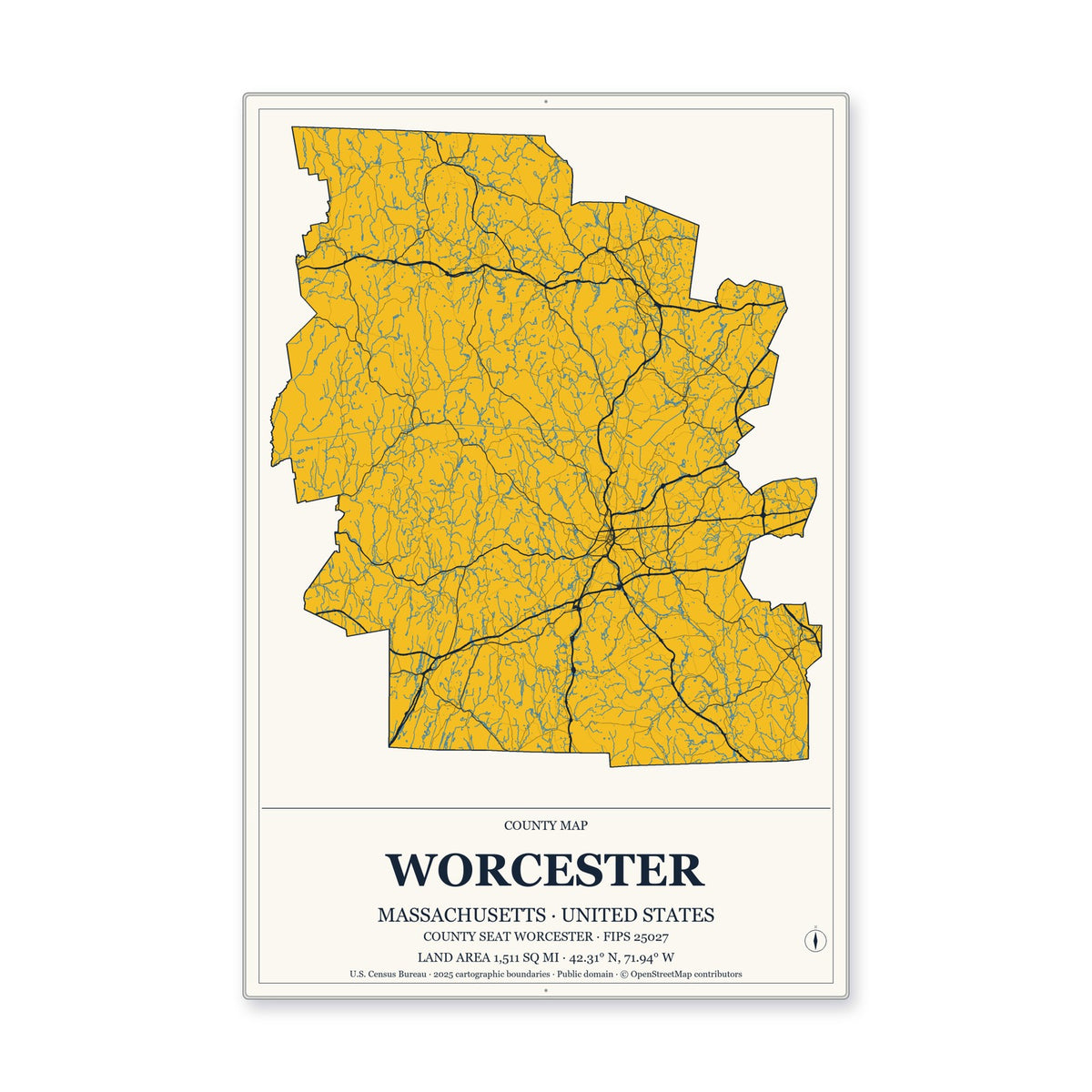 Worcester County, Massachusetts Map Aluminum Sign in Citrine Modern style