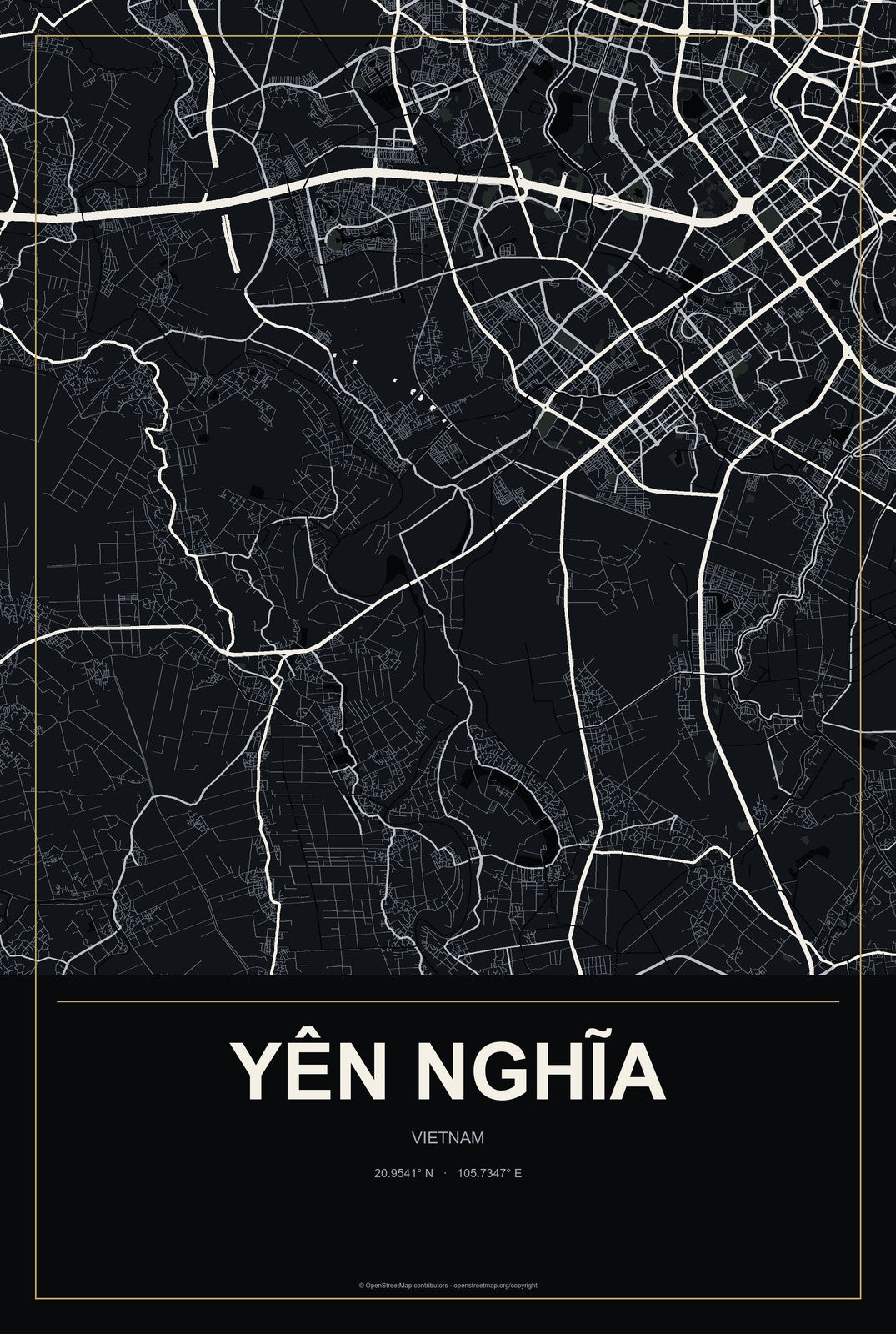 Yên Nghĩa, Vietnam City Map Aluminum Sign in Metropolitan Noir style