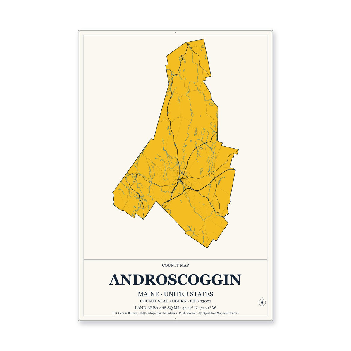 Androscoggin County, Maine Map Aluminum Sign in Citrine Modern style