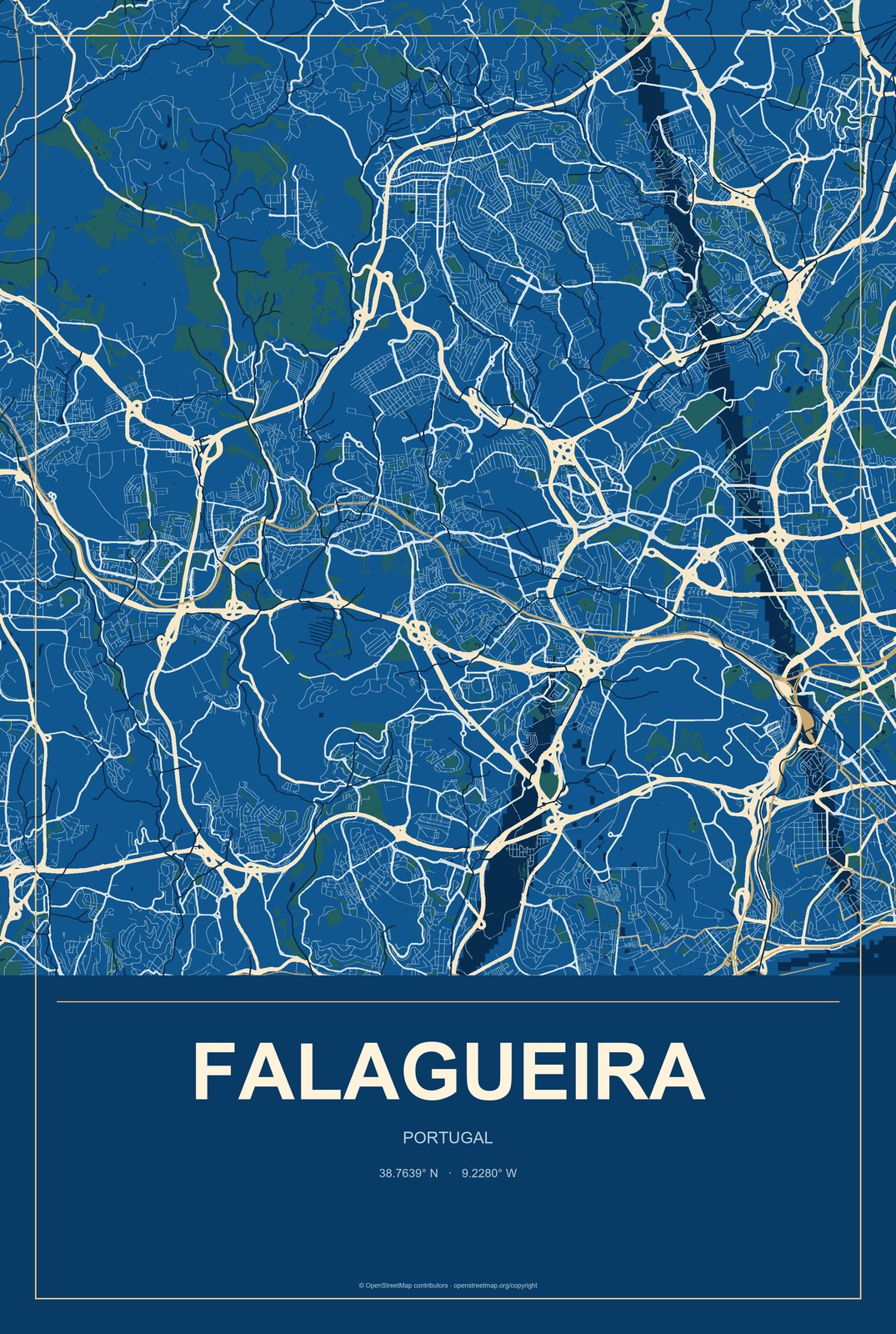 Falagueira, Portugal City Map Aluminum Sign in Harbor Cobalt style