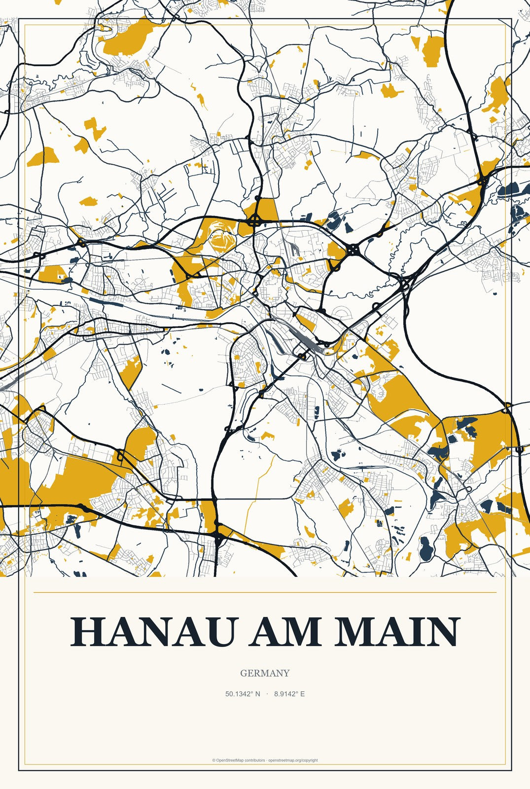 Hanau am Main, Germany City Map Aluminum Sign in Citrine Modern style