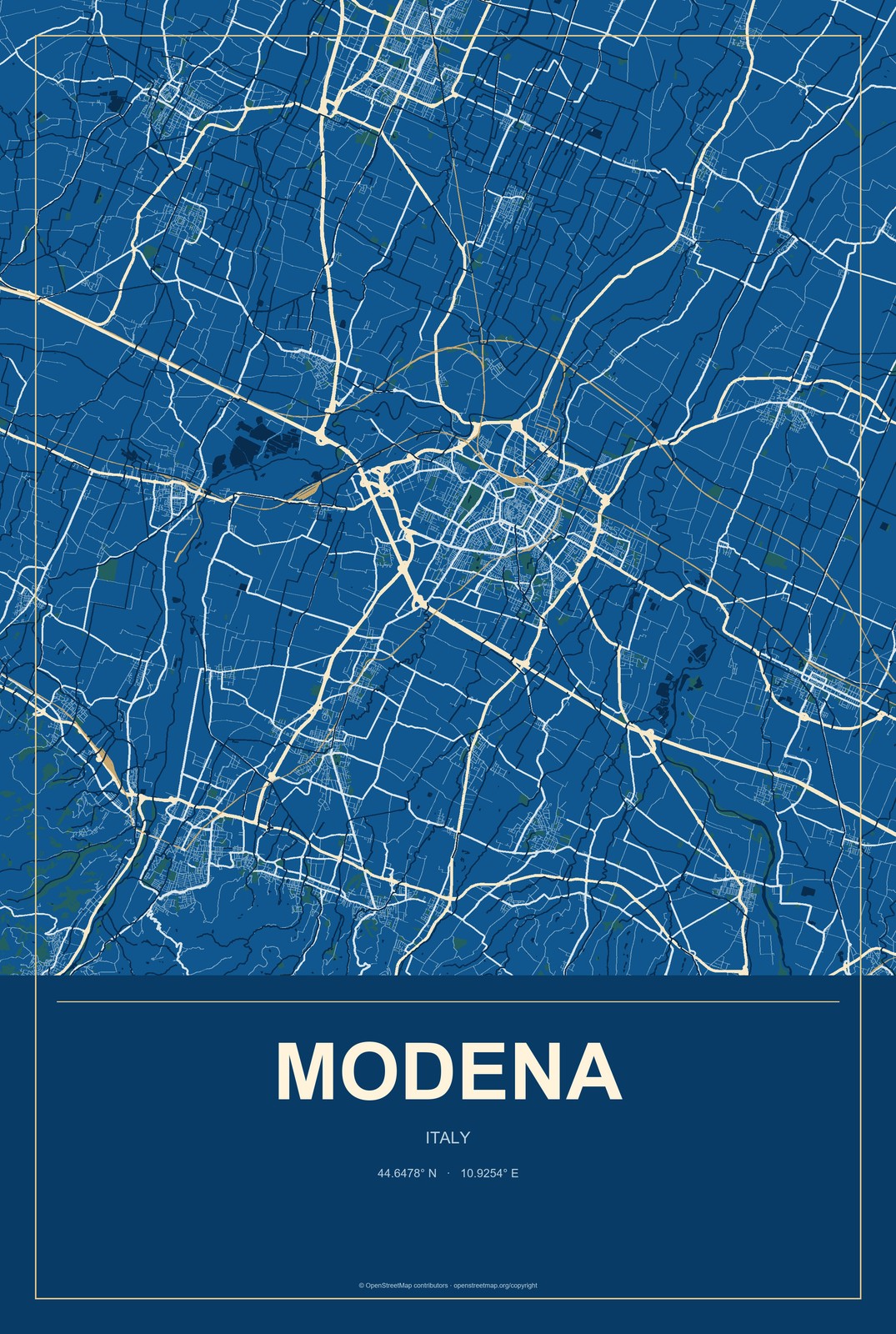 Modena, Italy City Map Aluminum Sign in Harbor Cobalt style